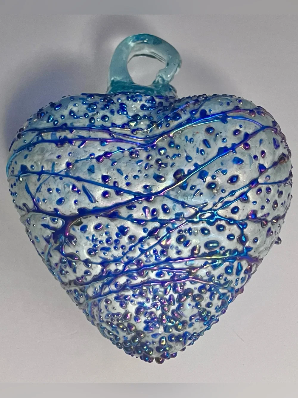 ART GLASS Iridescent Heart / SILVER & PEACOCK-BLUE / Thick, HAND-BLOWN Ornament
